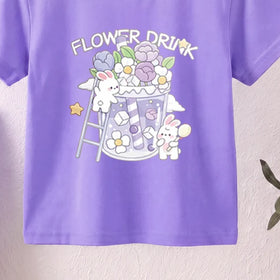 Girls Purple Short Sleeve Floral Print T-Shirt Tshirts