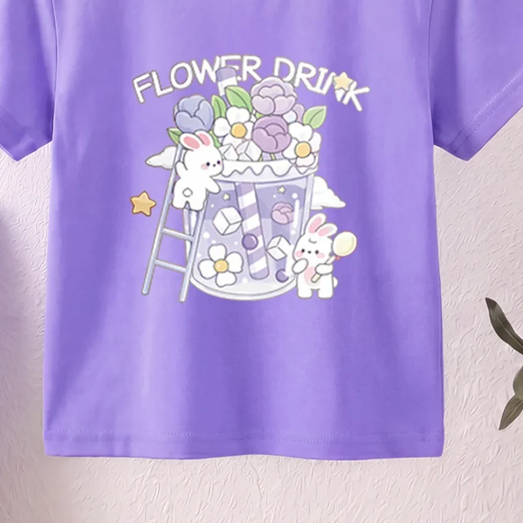 Girls Purple Short Sleeve Floral Print T-Shirt Tshirts