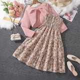 Girls Beige Floral Print Sleeveless Tiered Dress With Shrug