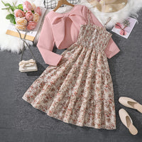 Girls Beige Floral Print Sleeveless Tiered Dress With Shrug Casual Dresses Beige 1-2 Y