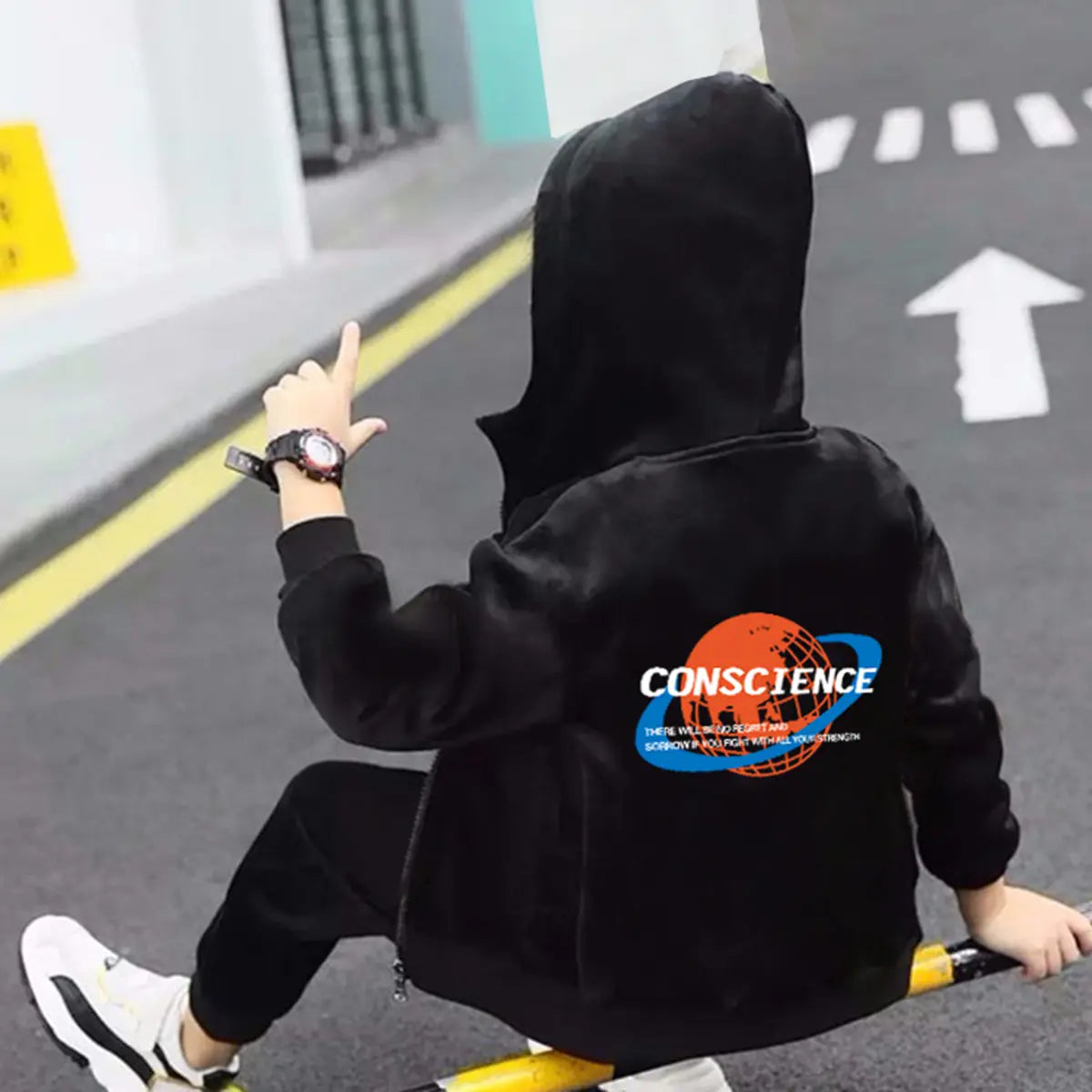 Boys Black Hooded Zipper Jacket With Jogger Co-ord Sets Sets