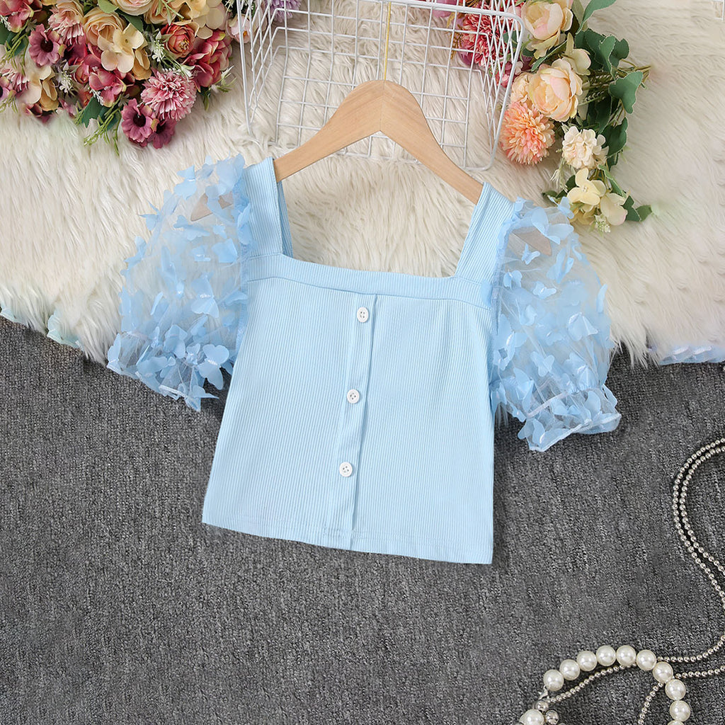 Girls Blue Butterfly Applique Puff Sleeve Top Tops