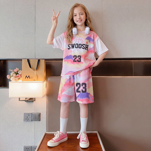 Girls Pink Alphanumeric Printed Short Sleeve T-Shirt With Shorts Sets 2 pc. Sets Pink 5-6 Y