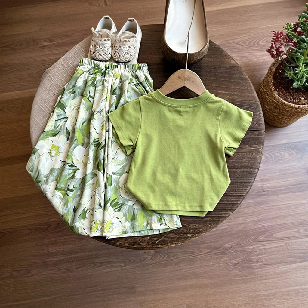 Girls Lime Green Floral Applique Flutter Sleeve Top With Flared Pants Sets 2 pc. Sets