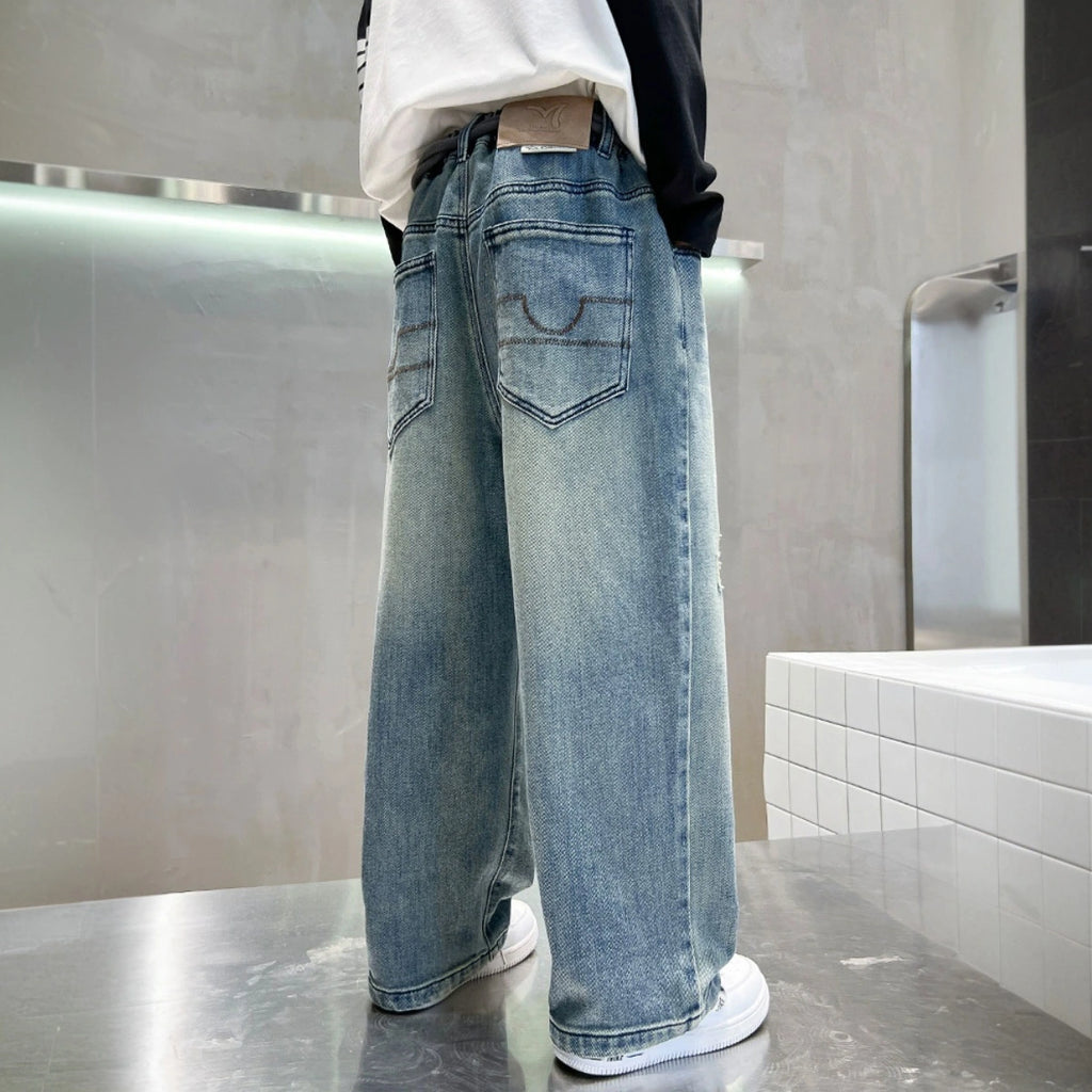 Boys Light Blue Scoop Pocket Denim Pants With Drawstring Pants