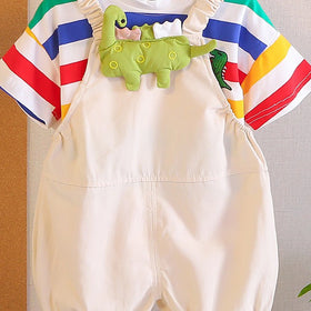 Boys Dinosaur Applique Short Sleeve Striped T-Shirt With Beige Dungaree Sets 2 pc. Sets