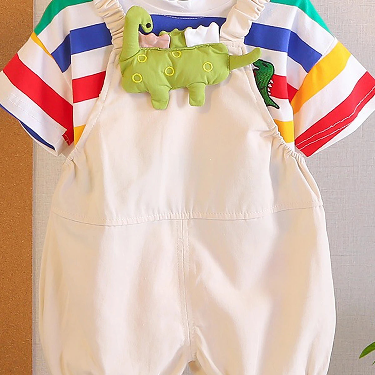 Boys Dinosaur Applique Short Sleeve Striped T-Shirt With Beige Dungaree Sets 2 pc. Sets