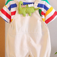 Boys Dinosaur Applique Short Sleeve Striped T-Shirt With Beige Dungaree Sets 2 pc. Sets