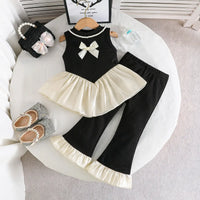 Girls Black Sleeveless Bow Applique Frill Top With Ribbed Pants Sets 2 pc. Sets Black 2-3 Y