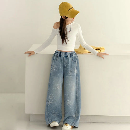 Girls Light Blue Embellished Loose Fit Denim Pants Pants Light Blue 5-6 Y
