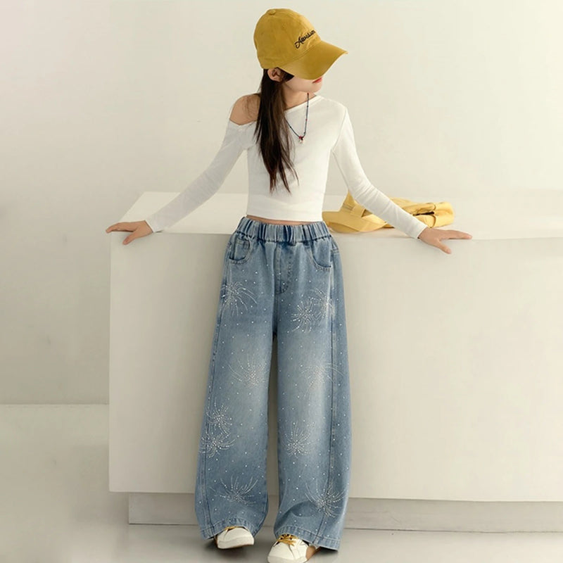 Girls Light Blue Embellished Loose Fit Denim Pants Pants Light Blue 5-6 Y