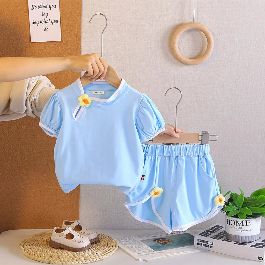 Girls Light Blue Flower Applique Top With Shorts Co-ord Sets Sets Light Blue 1-2 Y