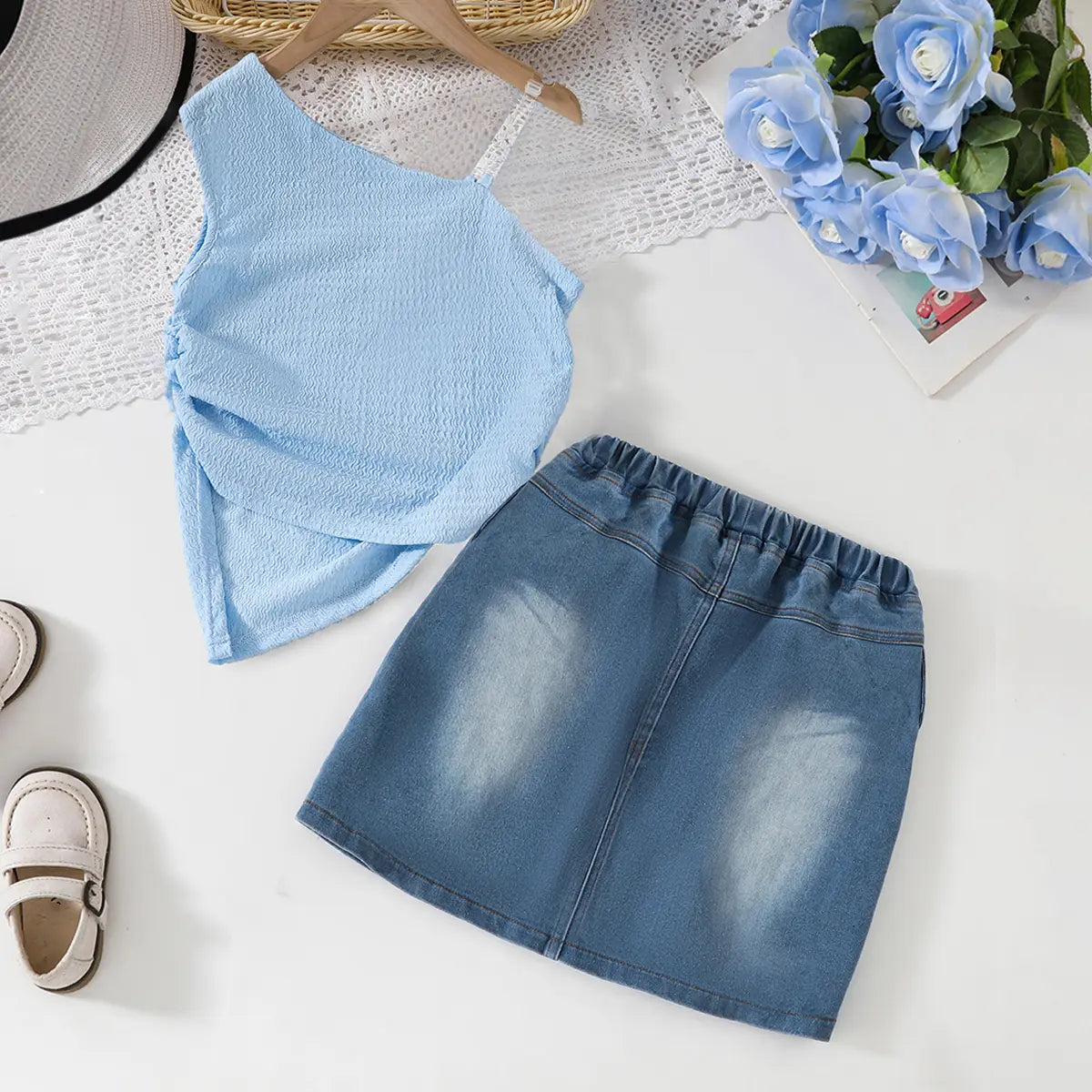 Girls Sky Blue Textured One Shoulder Top With Denim Skirt Sets Sets