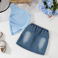 Girls Sky Blue Textured One Shoulder Top With Denim Skirt Sets Sets