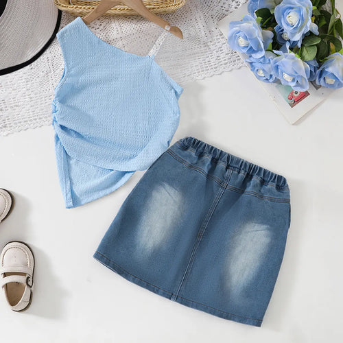 Girls Sky Blue Textured One Shoulder Top With Denim Skirt Sets Sets