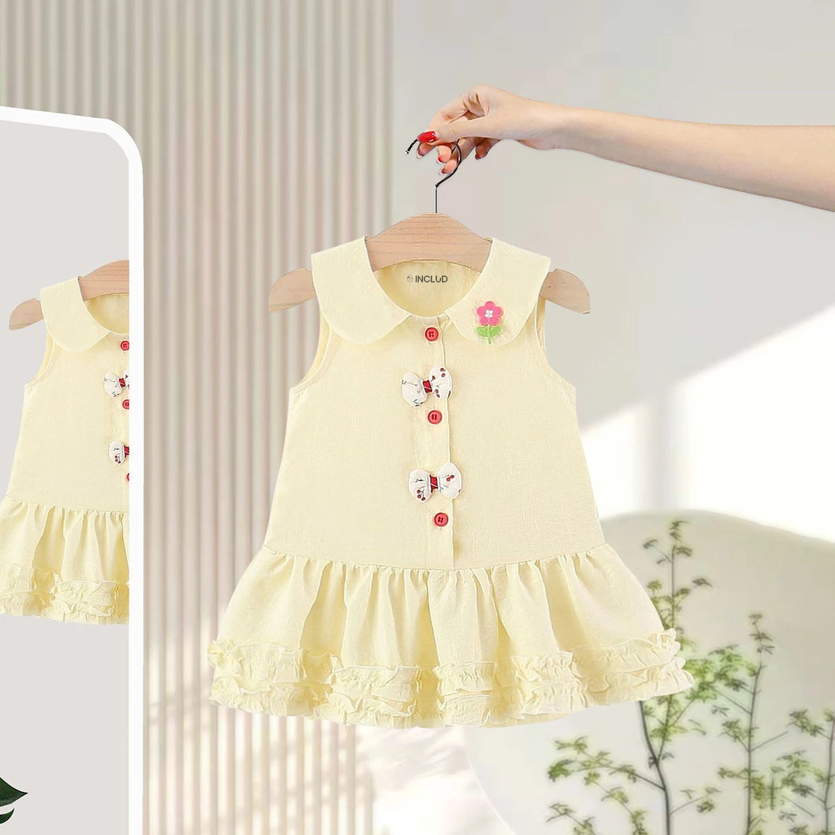 Girls Lime Yellow Peter Pan Collar Drop-Waist Dress With Bow Details Casual Dresses Lime Yellow 1-2 Y