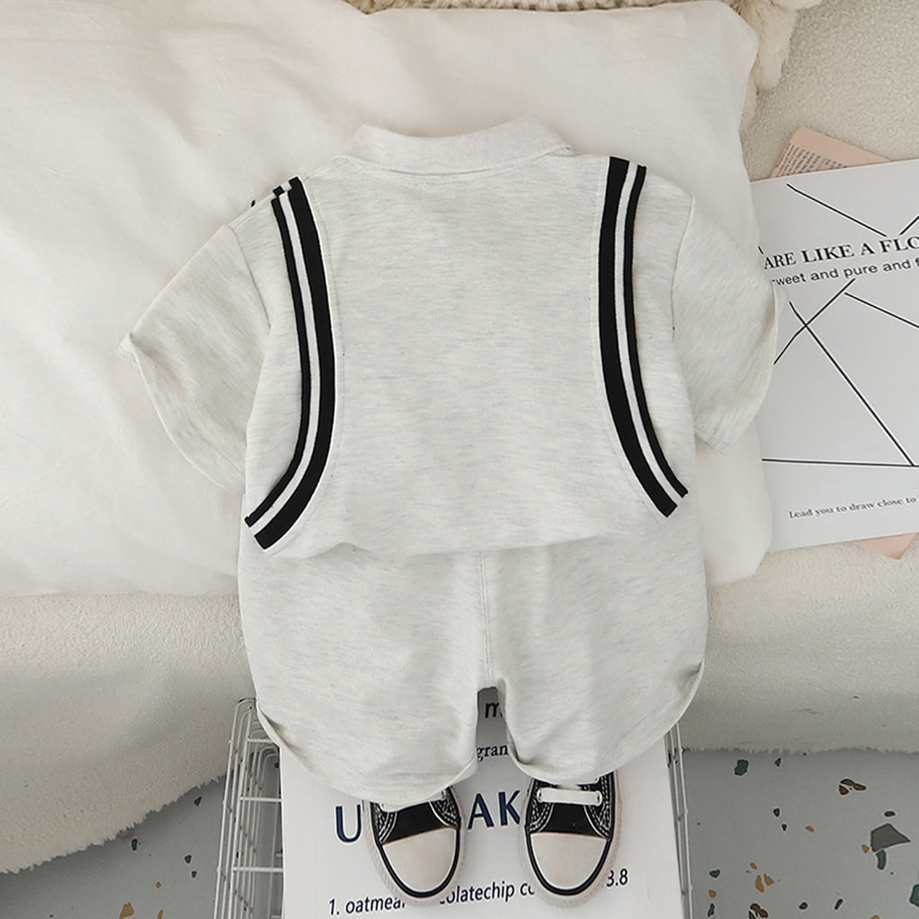 Boys Light Grey Side Striped Short Sleeves Polo T-Shirt With Shorts set 2 pc. Sets