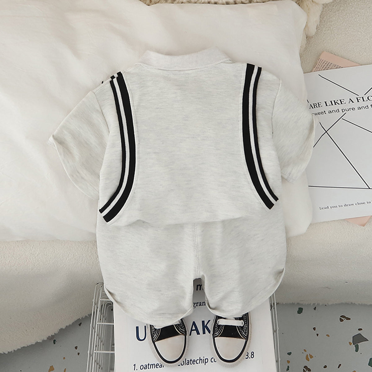 Boys Light Grey Side Striped Short Sleeves Polo T-Shirt With Shorts set 2 pc. Sets