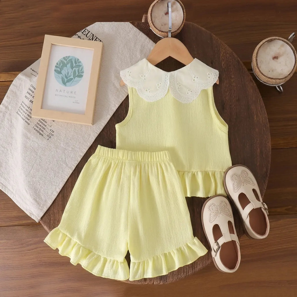 Girls Yellow Textured Sleeveless Top With Shorts Sets 2 pc. Sets