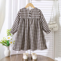 Girls Multicolor Checked Bow Long Sleeves A-line Dress Casual Dresses