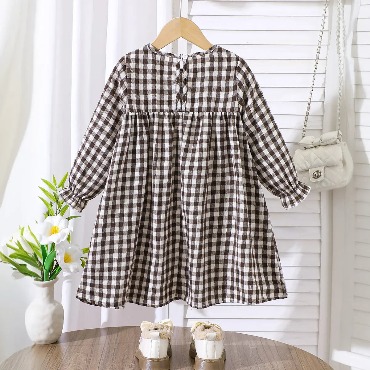 Girls Multicolor Checked Bow Long Sleeves A-line Dress Casual Dresses