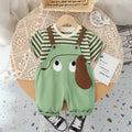 Boys Green Dog Motif Striped Short Sleeve T-Shirt With Dungaree Sets 2 pc. Sets Green 1-2 Y