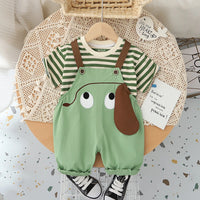 Boys Green Dog Motif Striped Short Sleeve T-Shirt With Dungaree Sets 2 pc. Sets Green 1-2 Y