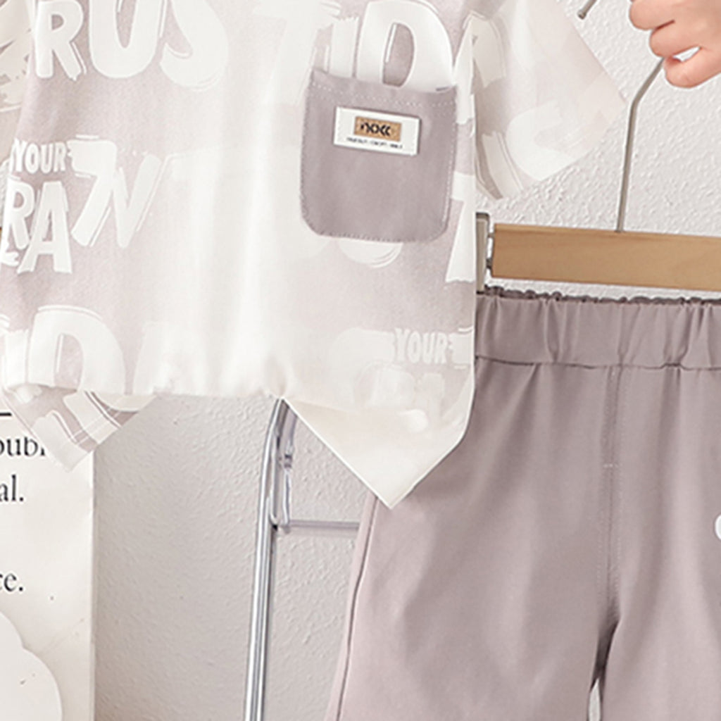Boys Light Grey Printed Contrast Pocket T-Shirt With Shorts Set 2 pc. Sets