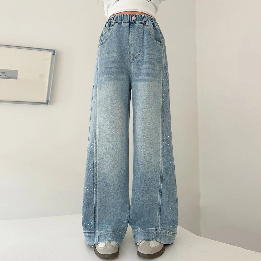 Girls Blue Embellished Relaxed Fit Denim Jeans Pants