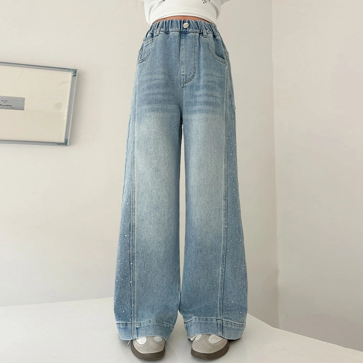 Girls Blue Embellished Relaxed Fit Denim Jeans Pants