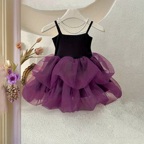 Girls Purple Sleeveless Tulle Ruffles Fit & Flare Dress Casual Dresses