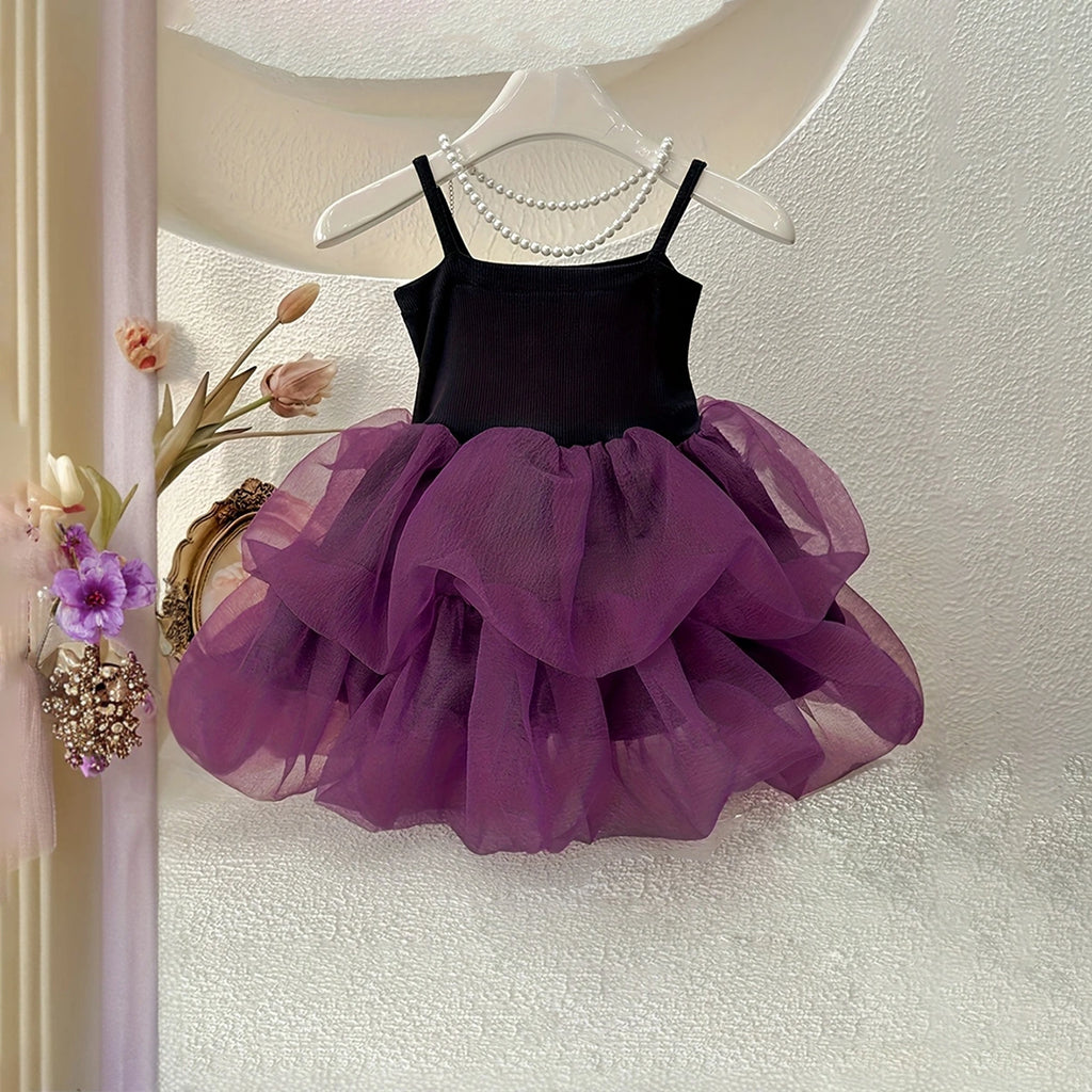 Girls Purple Sleeveless Tulle Ruffles Fit & Flare Dress Casual Dresses