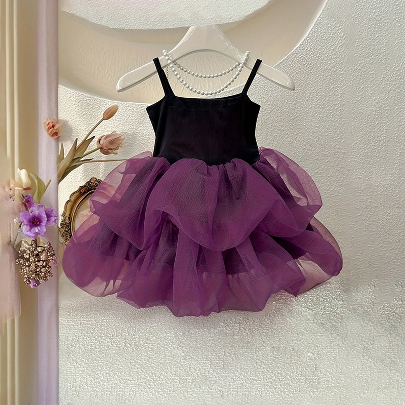Girls Purple Sleeveless Tulle Ruffles Fit & Flare Dress Casual Dresses