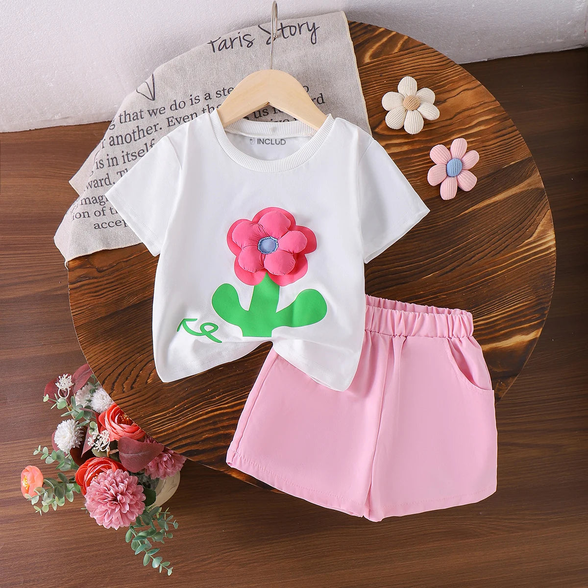 Girls White Floral Applique Short Sleeve T-Shirt With Shorts Sets 2 pc. Sets White 2-3 Y