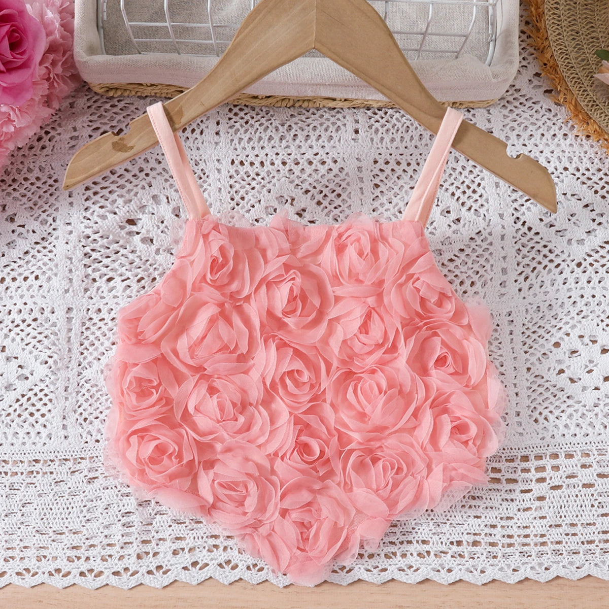 Girls Peach Floral Applique Crop Top With Tiered Tulle Skirts Set Sets