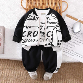 Boys White Dinosaur Printed Zipper Jacket with T-shirt & Joggers Set Sets White 1-2 Y