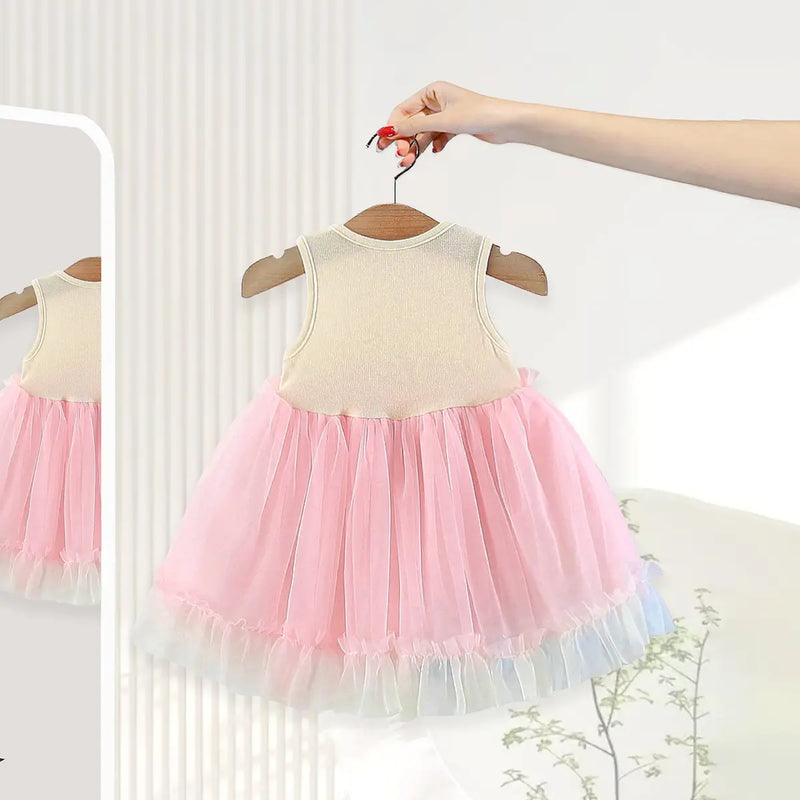 Girls Pink Star Applique Tulle Overlay Fit & Flare Dress Casual Dresses