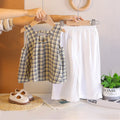 Girls Yellow Checked Sleeveless A-line Top With Cropped Pant Sets Sets Yellow 1-2 Y