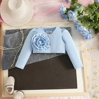 Girls Light Blue Large Flower Applique Long Sleeves Top With Skorts Set Sets