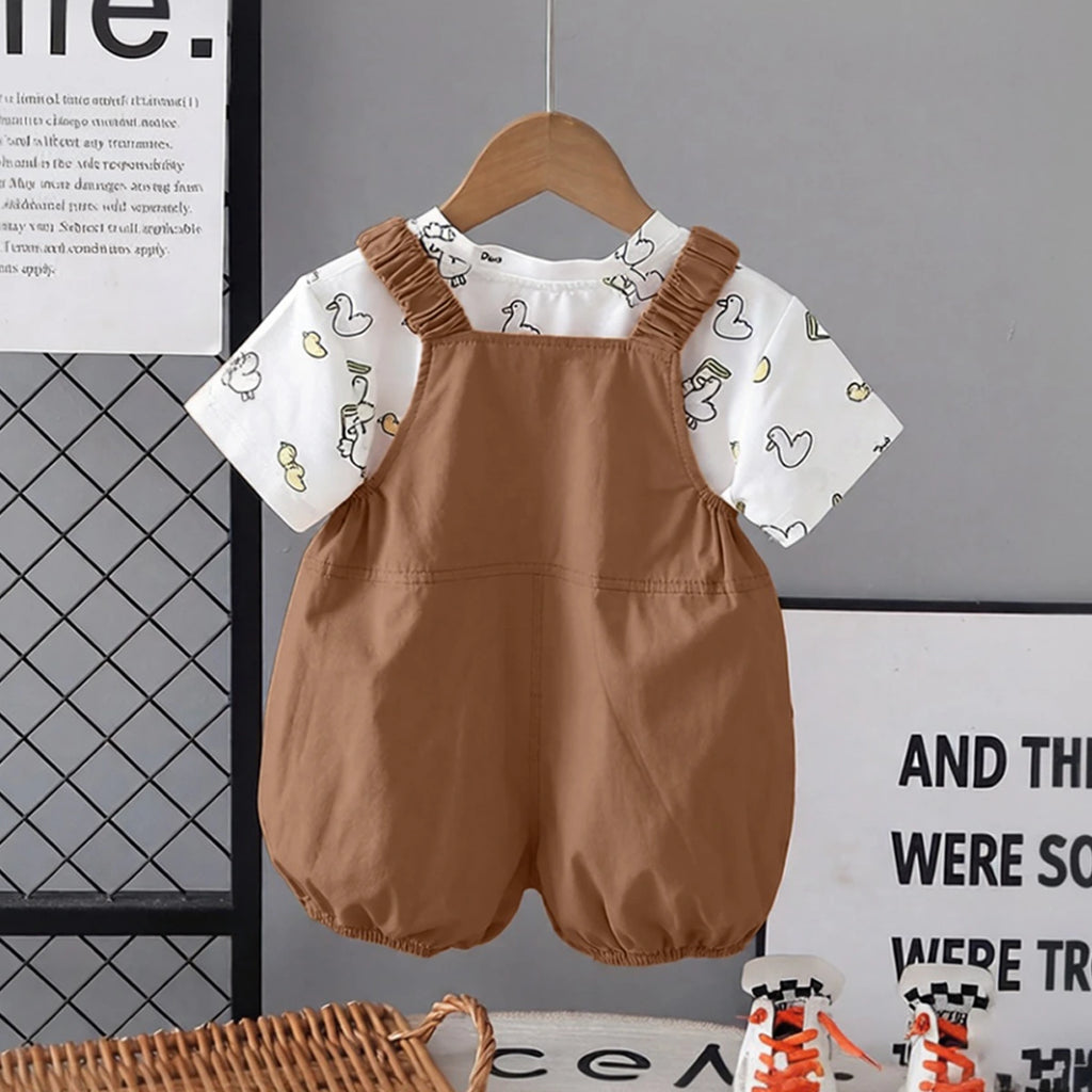Girls Brown Duck Applique Dungaree With Printed T-Shirt Set Sets