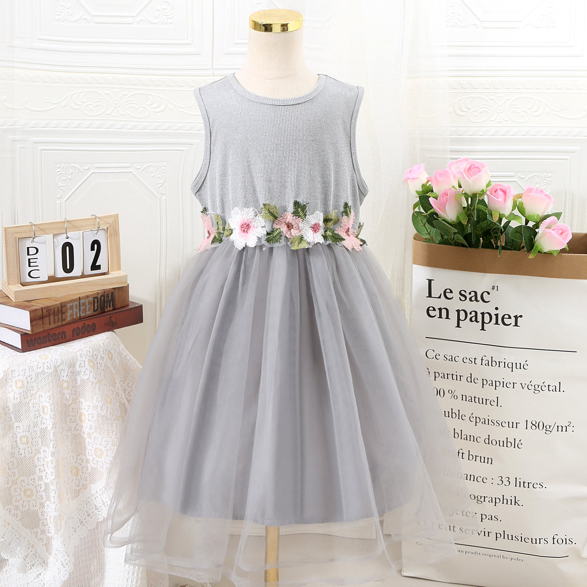 Girls Melange Grey Sleeveless Flower Belt Fit And Flared Dress Casual Dresses Grey 7-8 Y