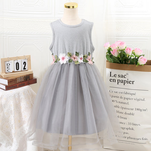 Girls Melange Grey Sleeveless Flower Belt Fit And Flared Dress Casual Dresses Grey 7-8 Y