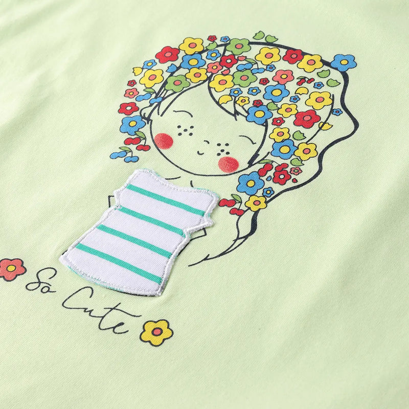 Girls Light Green Floral Graphic Short Sleeves Top With Drawstring Shorts Sets Sets