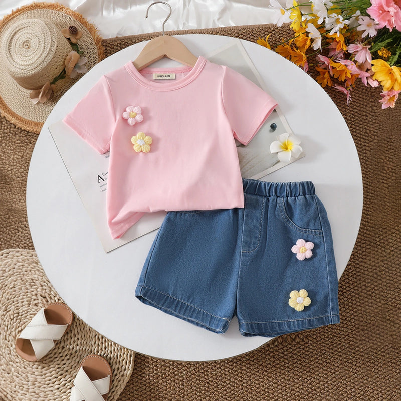 Girls Pink Flowers Applique Short Sleeves Top With Denim Shorts Set Sets Pink 3-4 Y