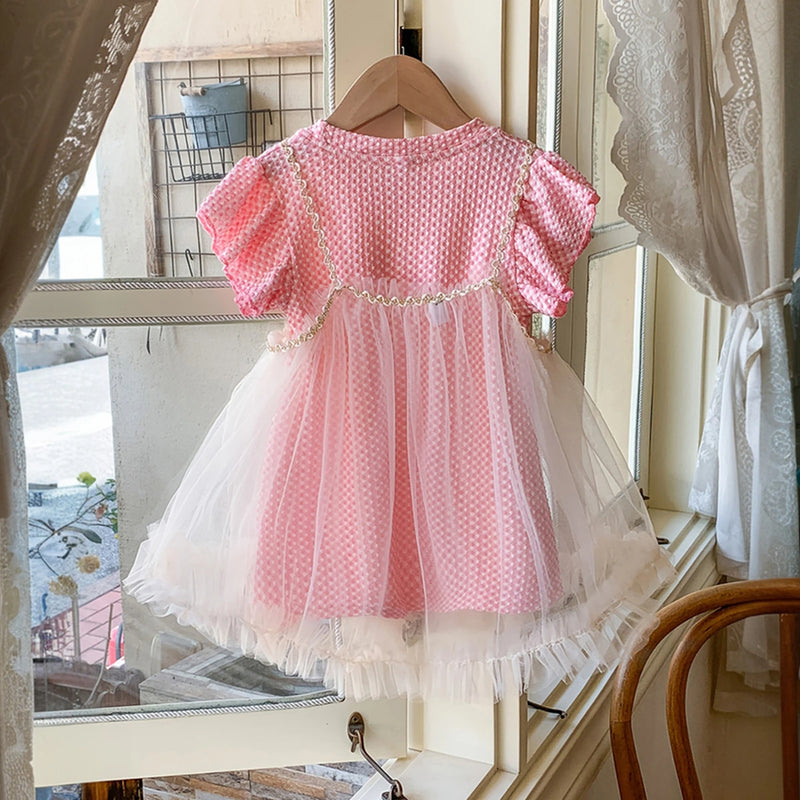 Girls Pink Self Design T-Shirt Dress & Overlay Tulle Pinafore Dress Casual Dresses