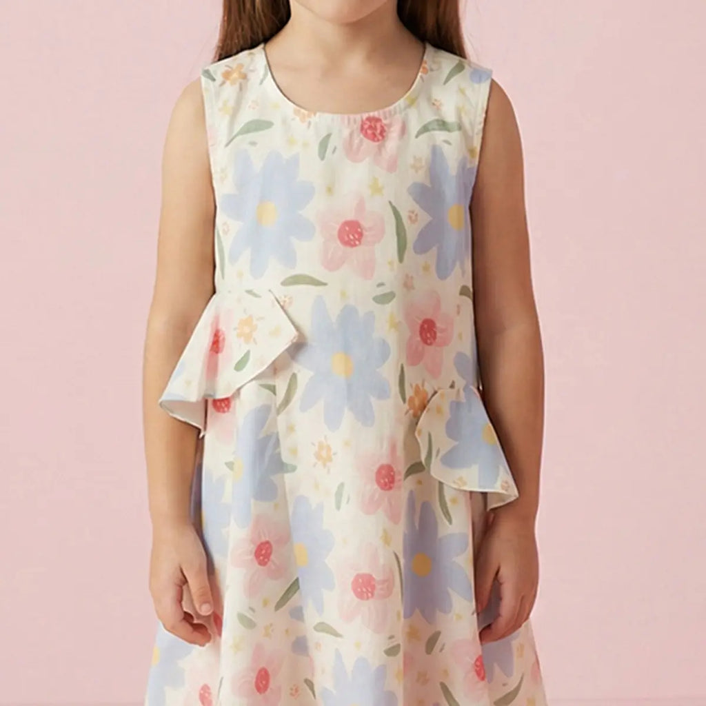 Girls Light Blue Floral Print Sleeveless Fit & Flare Dress Casual Dresses