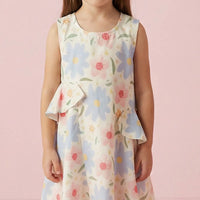 Girls Light Blue Floral Print Sleeveless Fit & Flare Dress Casual Dresses