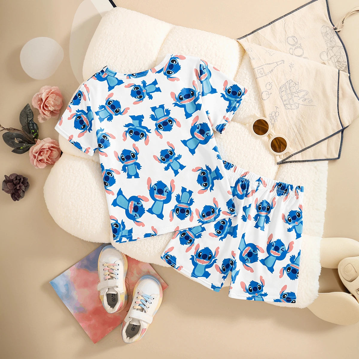 Girls Blue Cartoon Characters Printed T-Shirt With Elasticated Shorts Sets 2 pc. Sets