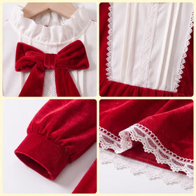 Girls Red Bow Applique Long Sleeve Fit & Flare Dress Casual Dresses