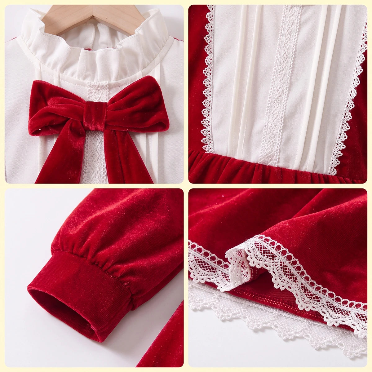 Girls Red Bow Applique Long Sleeve Fit & Flare Dress Casual Dresses